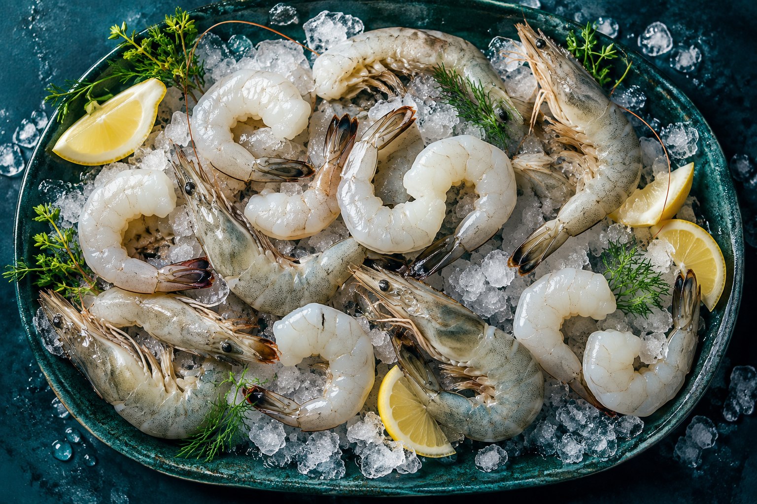 Illustrative Vannamei shrimp arranged on crushed ice with lemon
