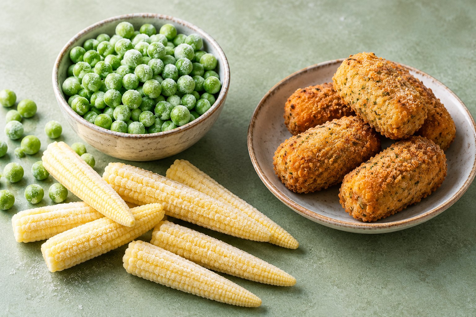Illustrative green peas, baby corn and bread-coated vegetarian bites